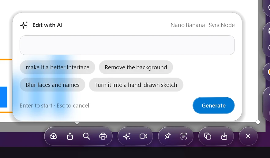 The Edit with AI prompt with suggestion chips and a Generate button, floating above the actions toolbar.