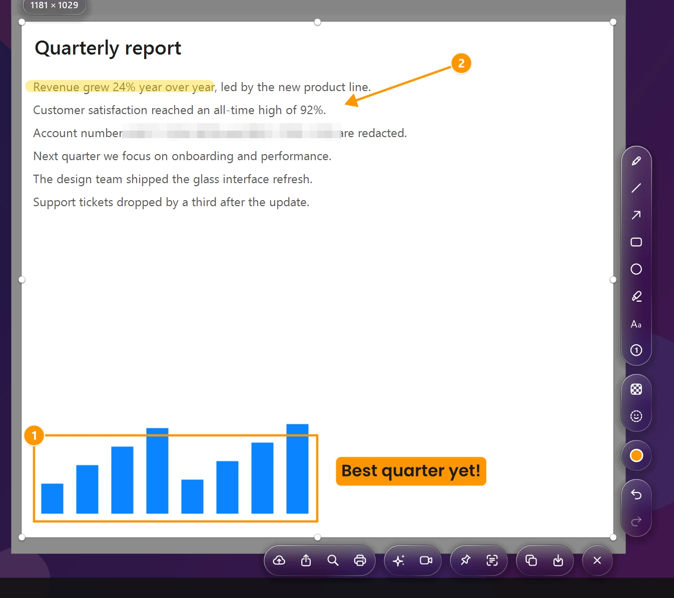 The LiteShot editor over a report: a highlighted line, a pixelated account number, an arrow, numbered steps and a label, with glass toolbars beside and below the selection.