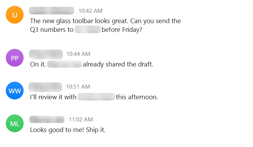 The same chat thread captured by LiteShot with every name blurred and the messages still readable.